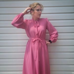 1980s Princess Diane Inspired Pink Secretary Dress with Pussy Bow Size Medium